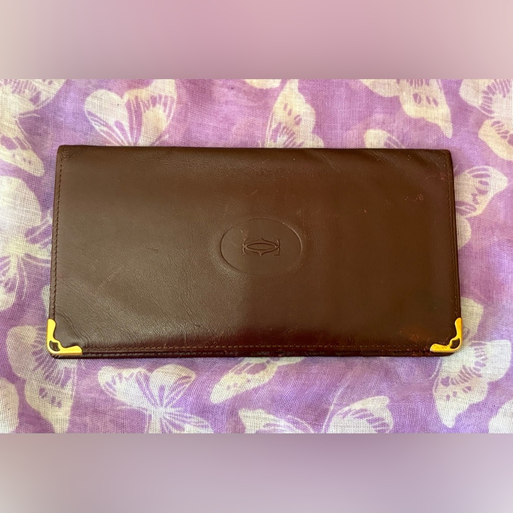 Luxury Cartier Burgundy Leather Wallet with real gold corners
